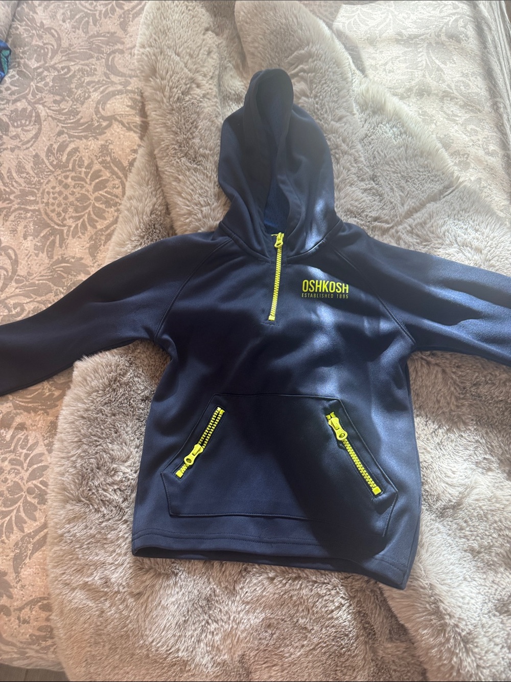 OshKosh B'gosh Navy Hooded Pullover with Yellow Zipper Accents - Picture 3 of 7